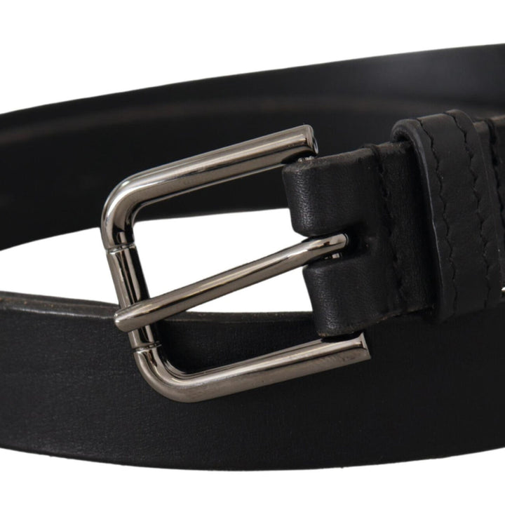 Dolce & Gabbana Black Calf Leather Logo Engraved Metal Buckle Belt