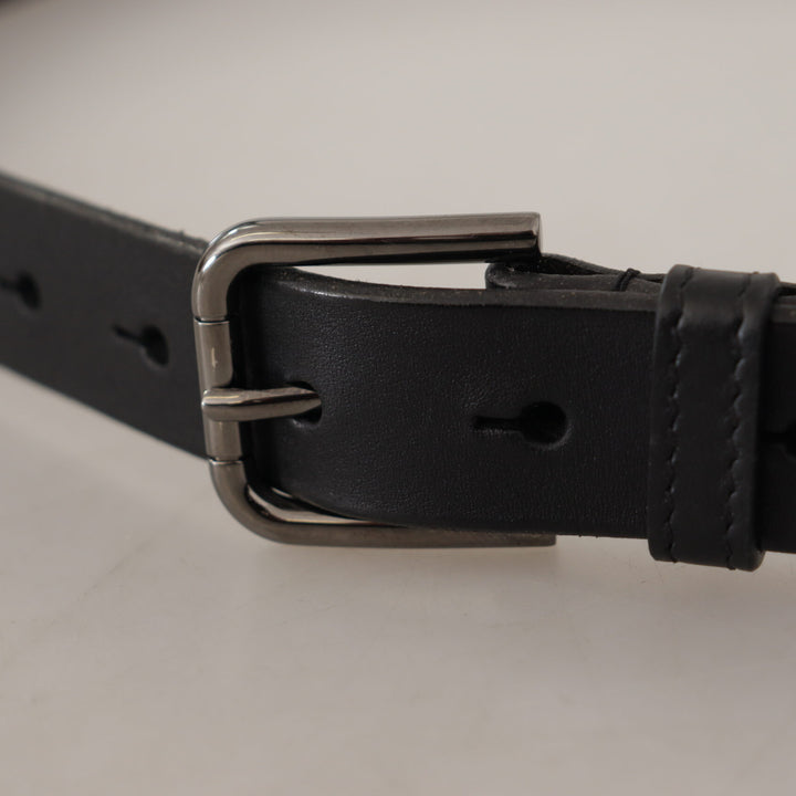 Dolce & Gabbana Black Calf Leather Logo Engraved Metal Buckle Belt