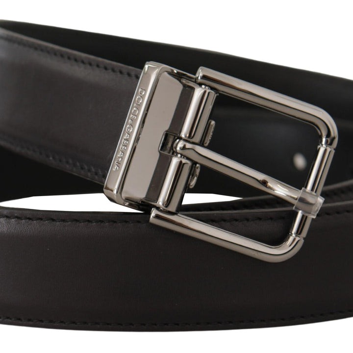 Dolce & Gabbana Black Calf Leather Logo Engraved Metal Buckle Belt