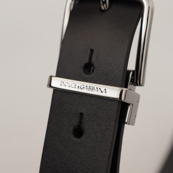 Dolce & Gabbana Black Calf Leather Logo Engraved Metal Buckle Belt