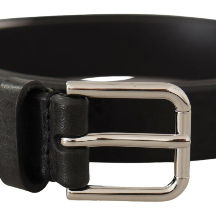 Dolce & Gabbana Black Calf Leather Silver Tone Logo Metal Buckle Belt