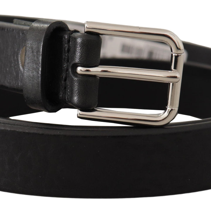 Dolce & Gabbana Black Calf Leather Silver Tone Logo Metal Buckle Belt