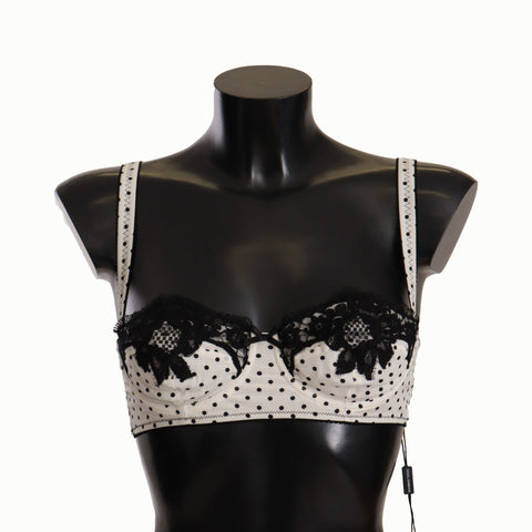 Dolce & Gabbana White Black Polka Dot Satin Lace Balconette Bra