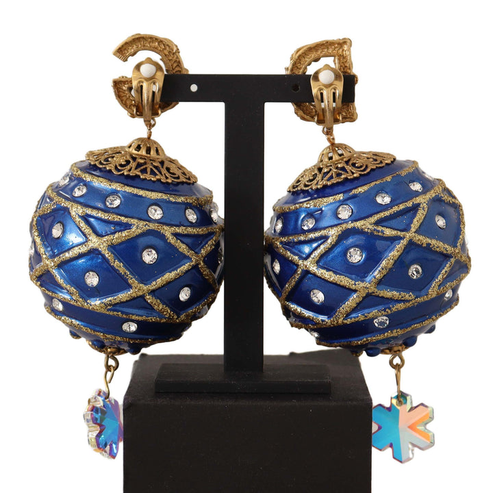 Dolce & Gabbana Gold Brass Blue Christmas Ball Crystal Clip On Earrings