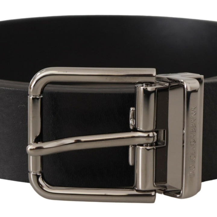 Dolce & Gabbana Black Calf Leather Logo Engraved Metal Buckle Belt