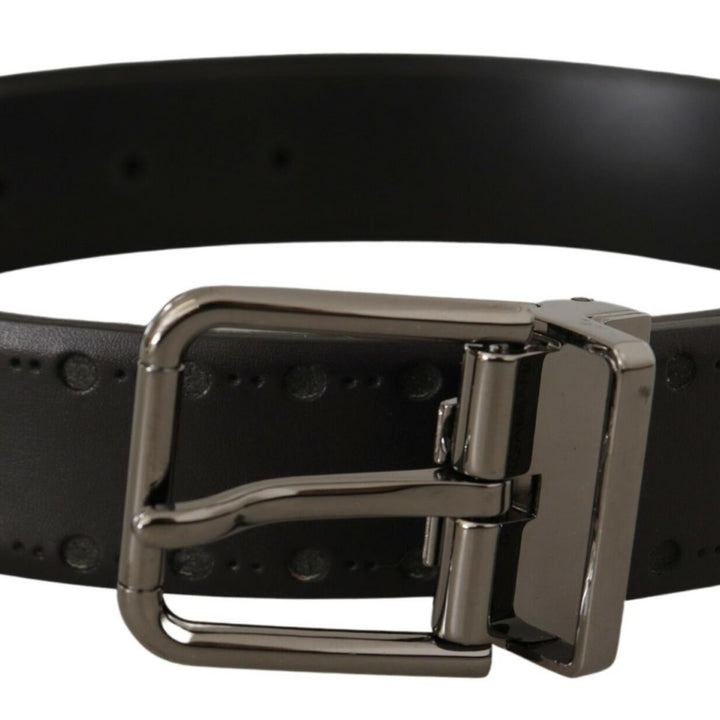 Dolce & Gabbana Black Leather Perforated Logo Metal Buckle Belt