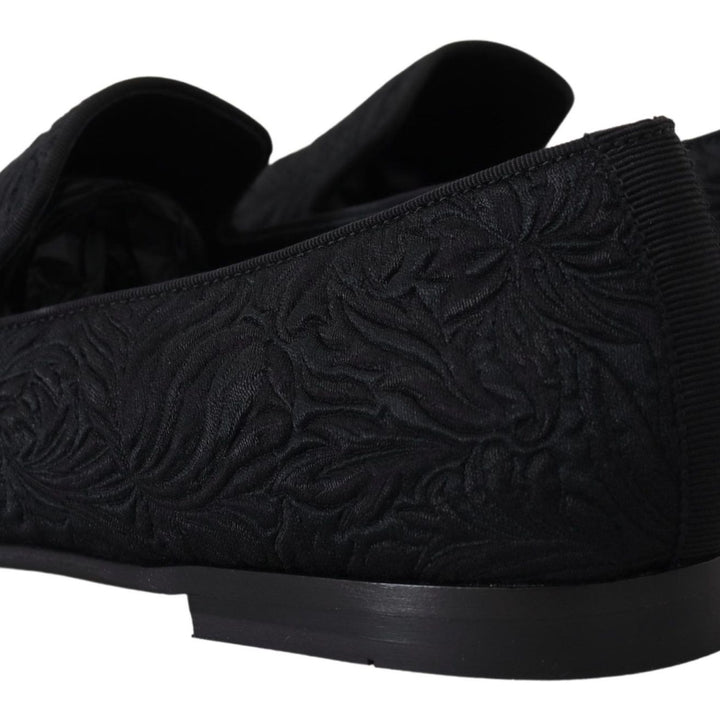 Dolce & Gabbana Black Floral Jacquard Slippers Loafers Shoes