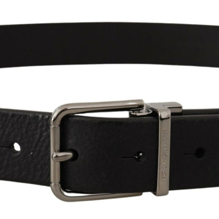 Dolce & Gabbana Black Calf Leather Logo Engraved Metal Buckle Belt