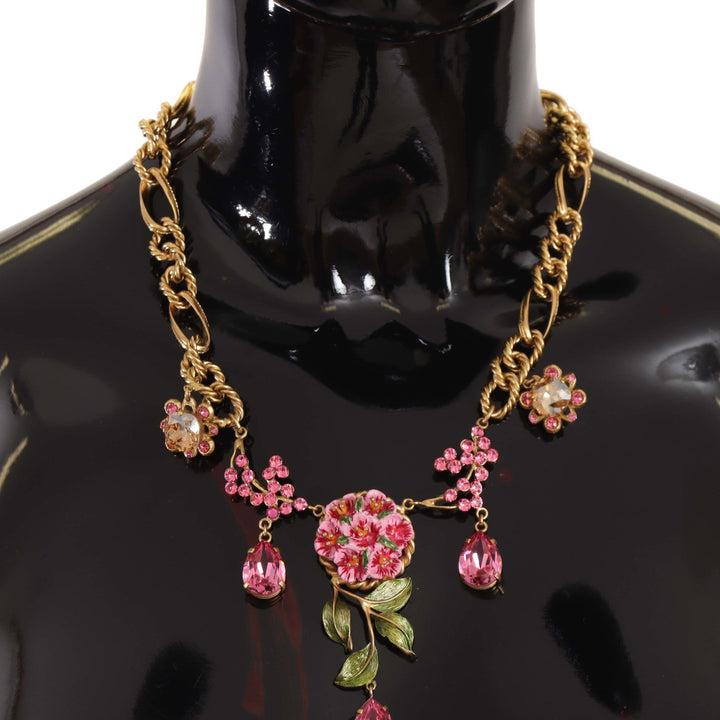 Dolce & Gabbana Gold Brass Chain Crystal Floral Roses Jewelry Necklace