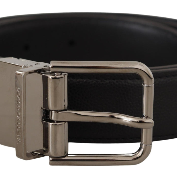 Dolce & Gabbana Black Calf Leather Logo Engraved Metal Buckle Belt