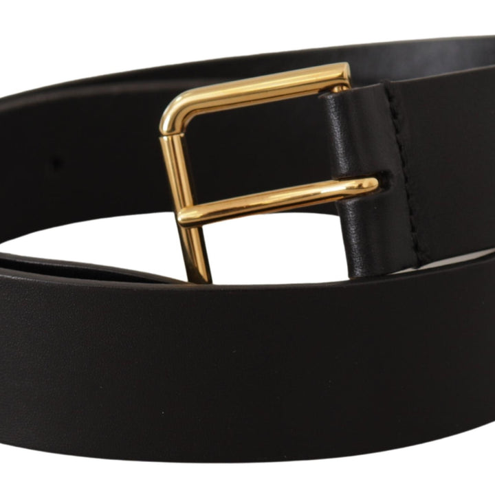 Dolce & Gabbana Black Calf Leather Gold Tone Logo Metal Buckle Belt