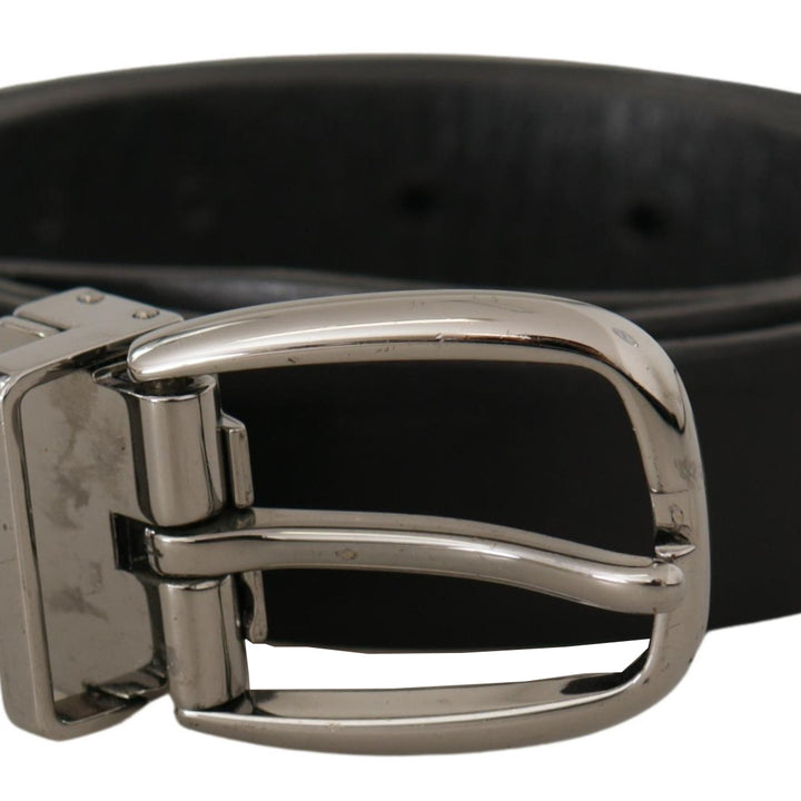 Dolce & Gabbana Black Leather Chrome Logo Metal Buckle Belt