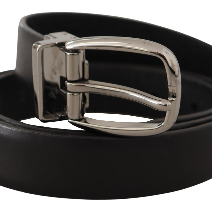 Dolce & Gabbana Black Leather Chrome Logo Metal Buckle Belt