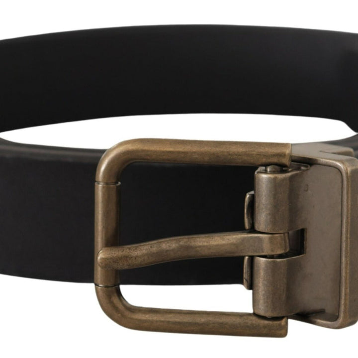 Dolce & Gabbana Black Leather Brass Metal Grain Buckle Classic Belt