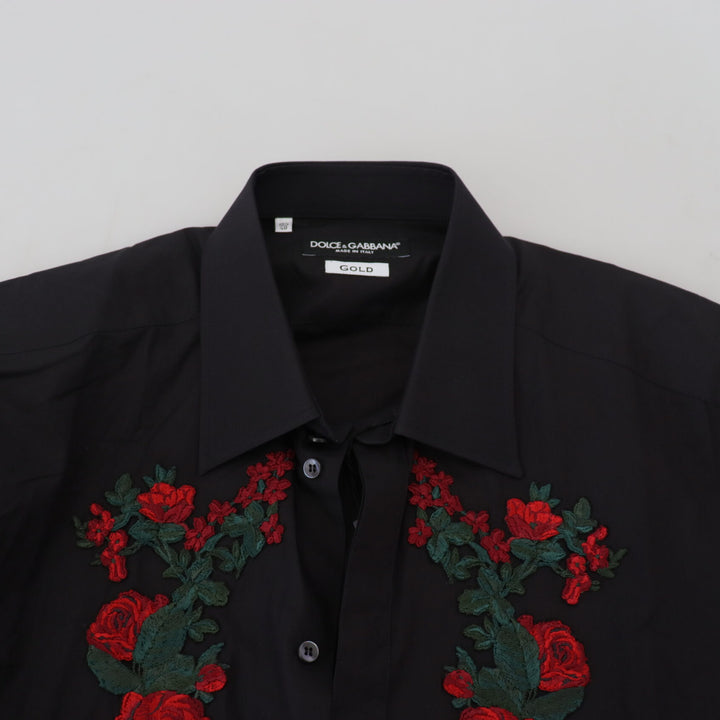 Dolce & Gabbana Black Floral Embroidery Men Long Sleeves GOLD Shirt