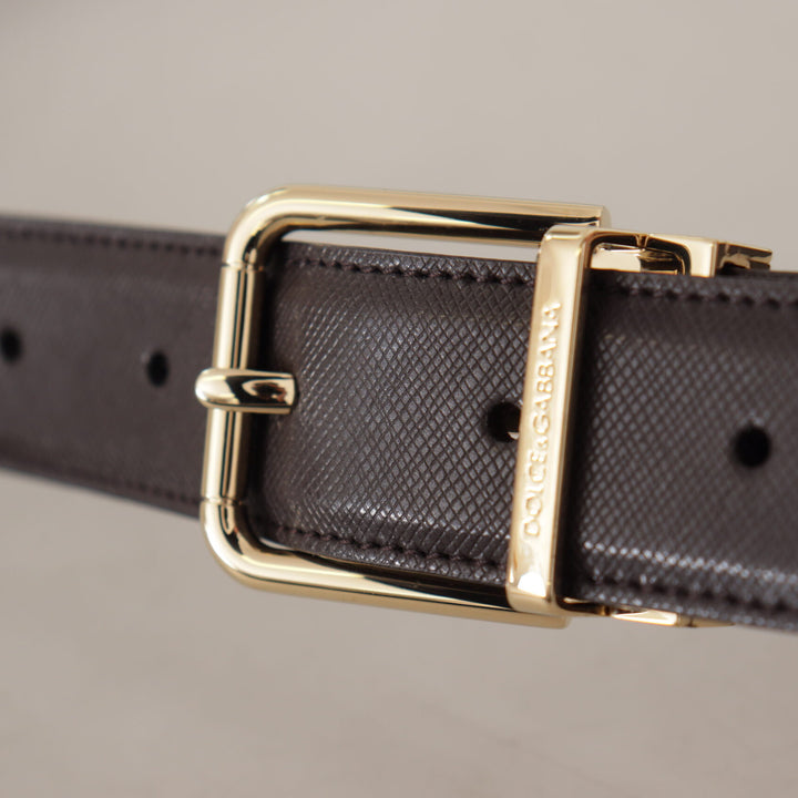 Dolce & Gabbana Brown Calf Leather Gold Logo Metal Buckle Belt