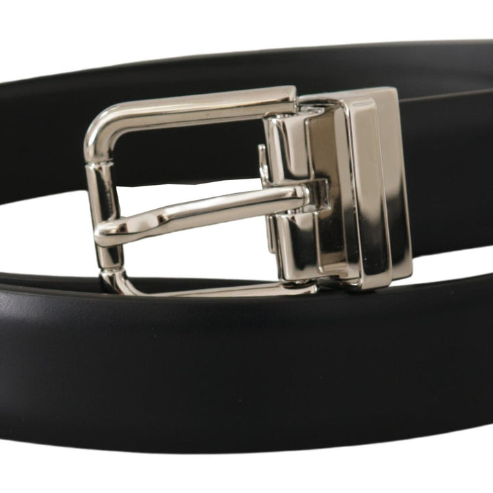 Dolce & Gabbana Black Calf Leather Silver Metal Logo Buckle Belt