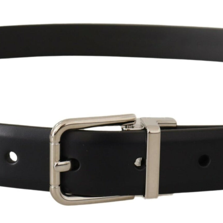 Dolce & Gabbana Black Calf Leather Silver Metal Logo Buckle Belt