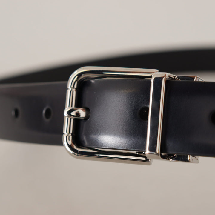 Dolce & Gabbana Black Calf Leather Silver Metal Logo Buckle Belt