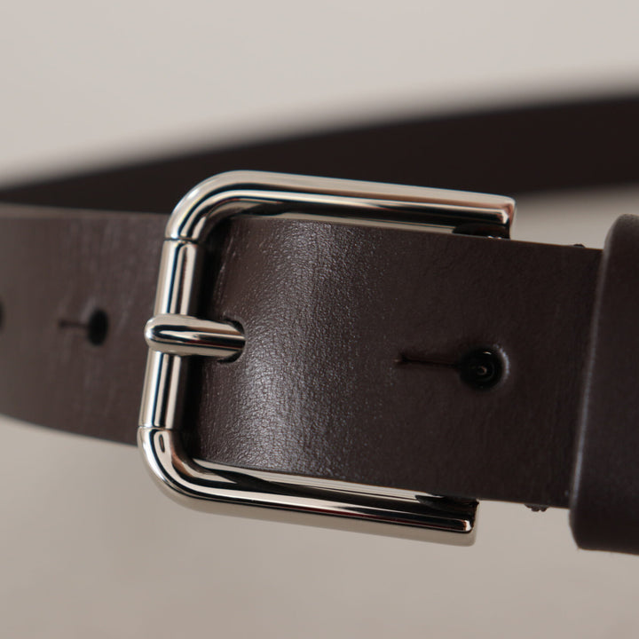 Dolce & Gabbana Brown Plain Leather Silver Tone Buckle Belt