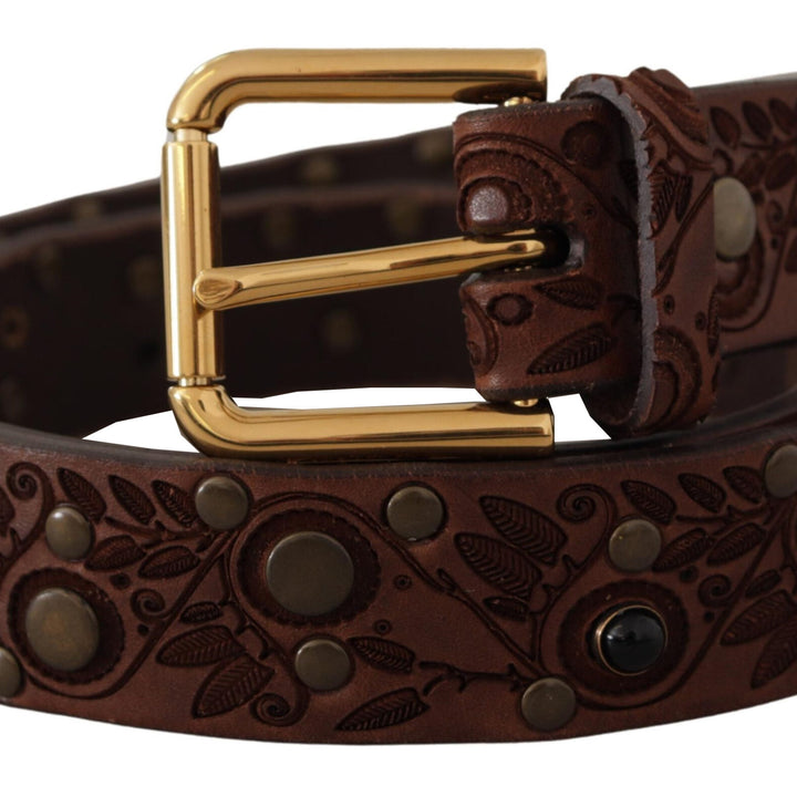 Dolce & Gabbana Brown Calf Leather Embossed Gold Metal Buckle