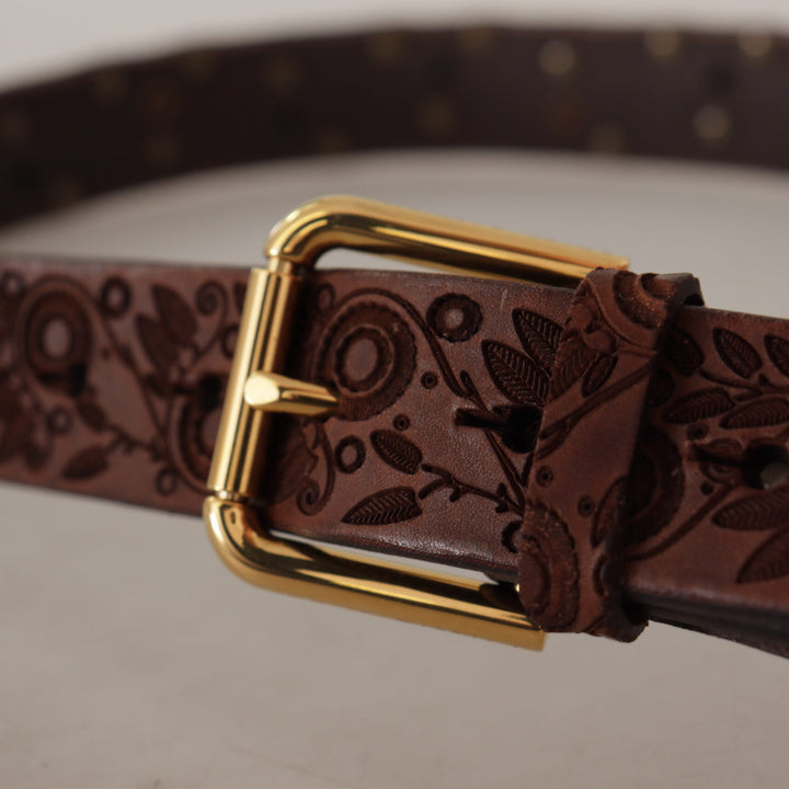 Dolce & Gabbana Brown Calf Leather Embossed Gold Metal Buckle