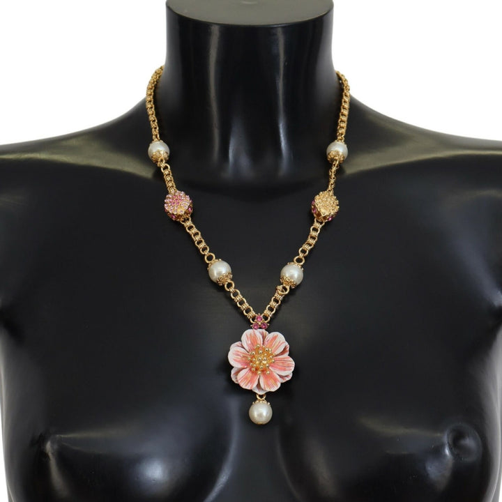 Dolce & Gabbana Gold Tone Floral Crystals Pink Embellished Necklace