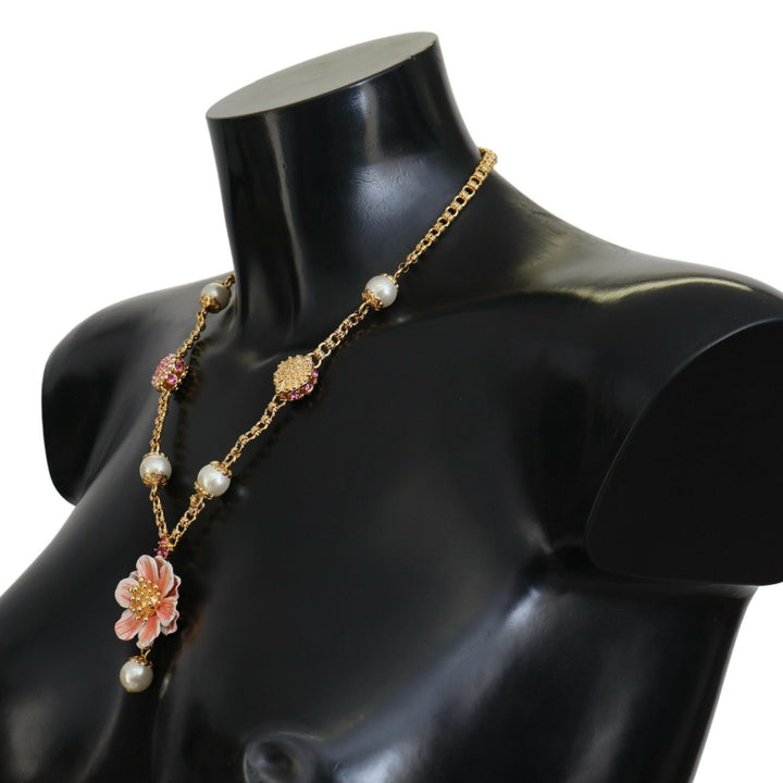 Dolce & Gabbana Gold Tone Floral Crystals Pink Embellished Necklace