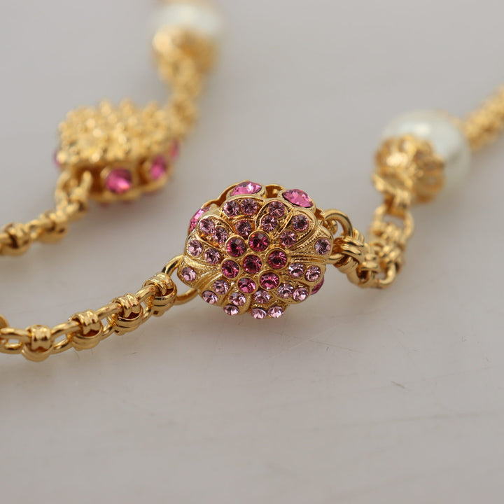 Dolce & Gabbana Gold Tone Floral Crystals Pink Embellished Necklace