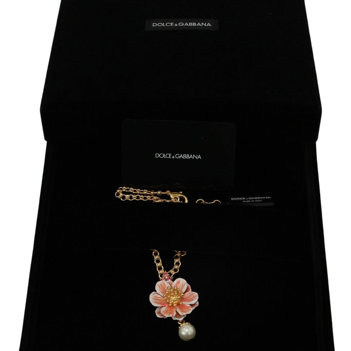 Dolce & Gabbana Gold Tone Floral Crystals Pink Embellished Necklace