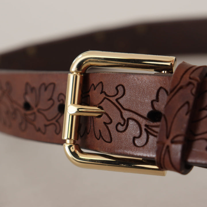 Dolce & Gabbana Brown Leather Floral Studded Metal Buckle Belt