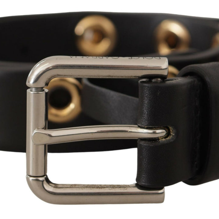 Dolce & Gabbana Black Leather Eyelet Silver Tone Metal Buckle Belt