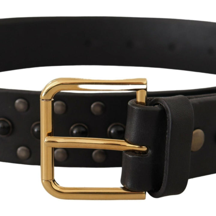 Dolce & Gabbana Black Leather Studded Gold Tone Metal Buckle Belt