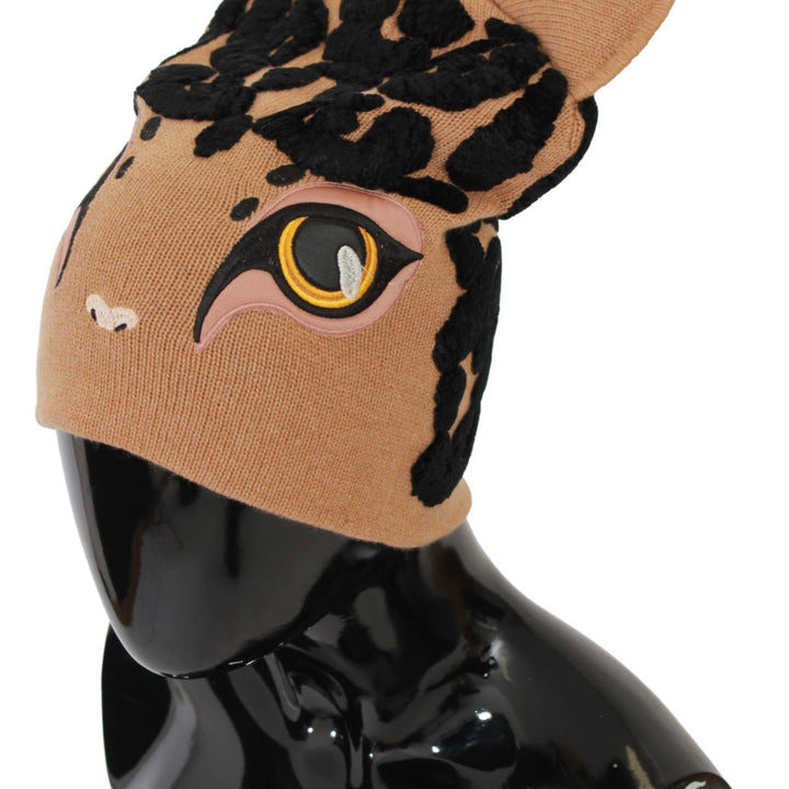 Dolce & Gabbana Brown Cats Eye Embroidered Beanie Cashmere Hat