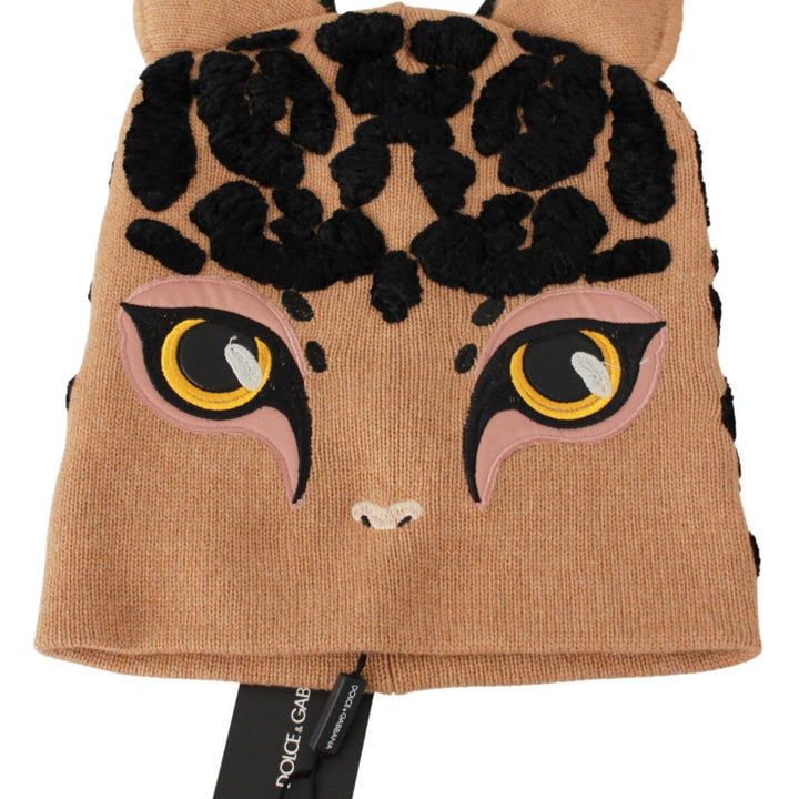 Dolce & Gabbana Brown Cats Eye Embroidered Beanie Cashmere Hat