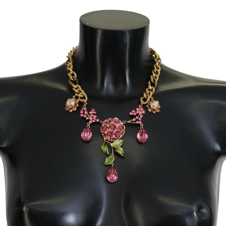 Dolce & Gabbana Gold Brass Chain Crystal Floral Roses Jewelry Necklace