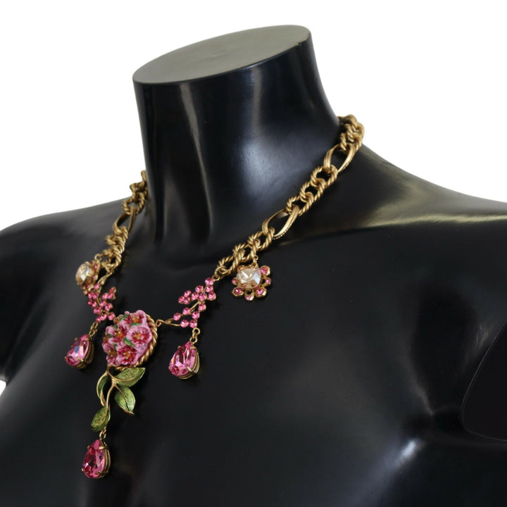 Dolce & Gabbana Gold Brass Chain Crystal Floral Roses Jewelry Necklace