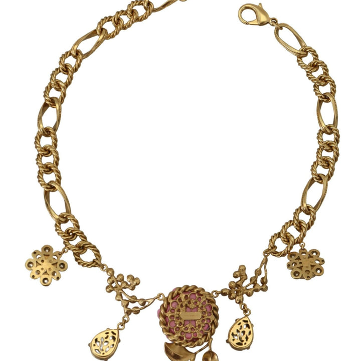 Dolce & Gabbana Gold Brass Chain Crystal Floral Roses Jewelry Necklace