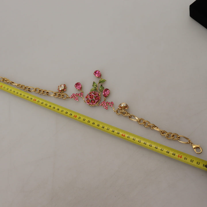 Dolce & Gabbana Gold Brass Chain Crystal Floral Roses Jewelry Necklace