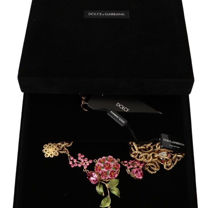 Dolce & Gabbana Gold Brass Chain Crystal Floral Roses Jewelry Necklace