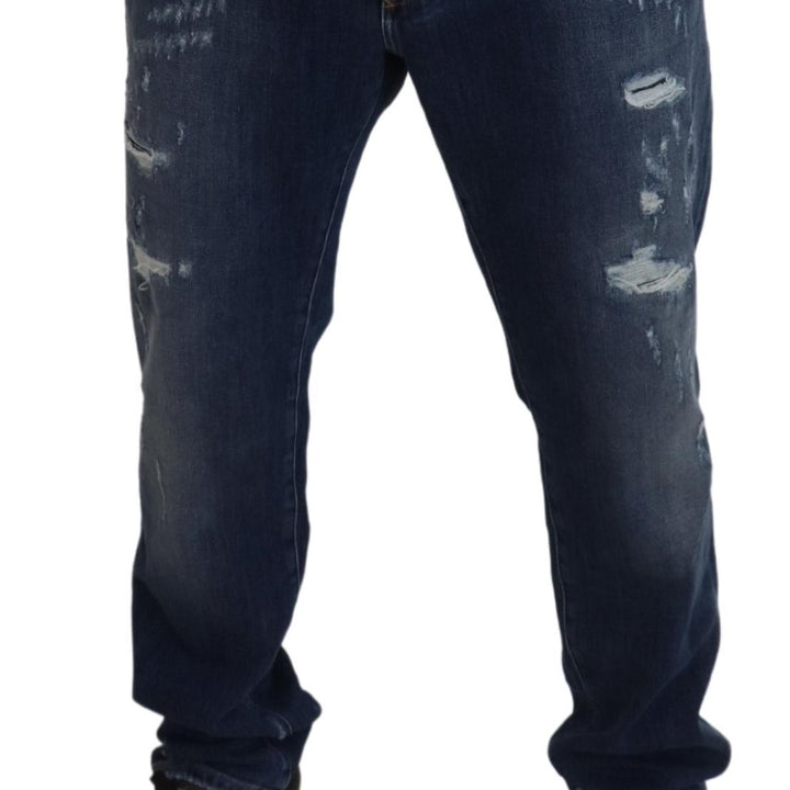 Dolce & Gabbana Blue Tattered Cotton Stretch Slim Denim Jeans