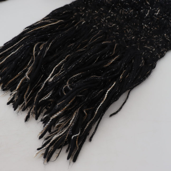 Dolce & Gabbana Black Wool Knitted Wrap Foulard Fringe Scarf