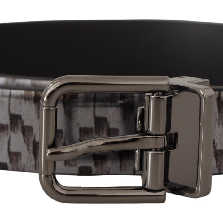 Dolce & Gabbana Gray Herringbone Leather Gray 3D Metal Buckle Belt