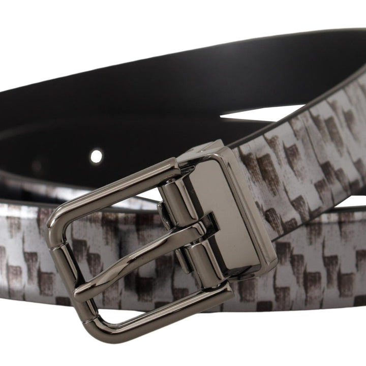 Dolce & Gabbana Gray Herringbone Leather Gray 3D Metal Buckle Belt