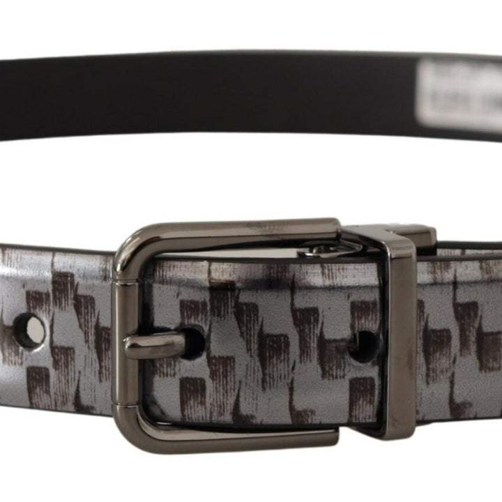 Dolce & Gabbana Gray Herringbone Leather Gray 3D Metal Buckle Belt