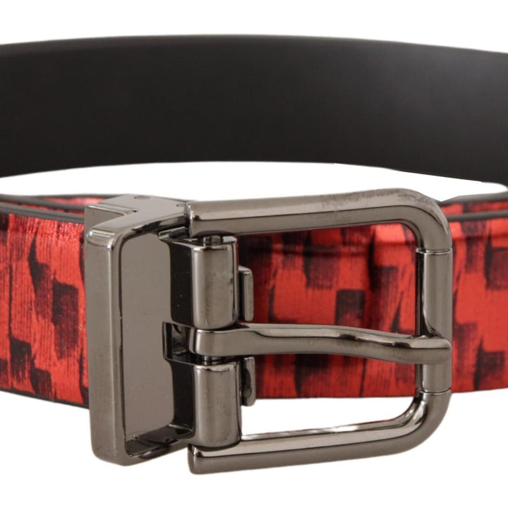 Dolce & Gabbana Red Herringbone Leather Gray Tone Buckle Belt