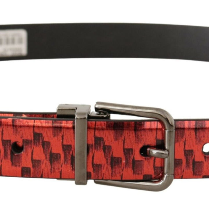 Dolce & Gabbana Red Herringbone Leather Gray Tone Buckle Belt