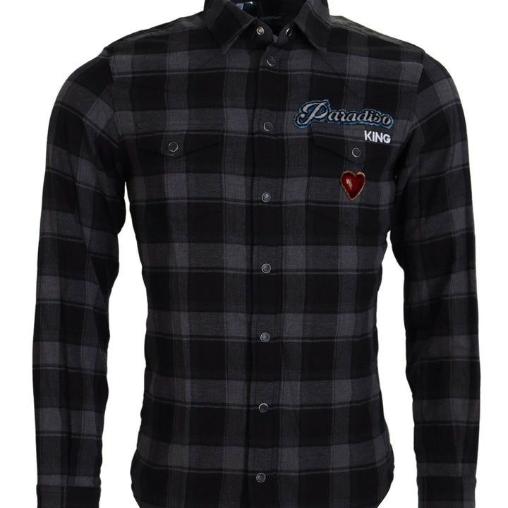 Dolce & Gabbana Black Gray Check Men Long Sleeves Shirt