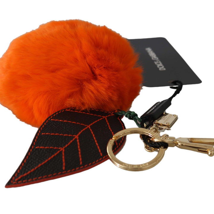 Dolce & Gabbana Black Leather Orange Fur Gold Clasp Keyring Keychain