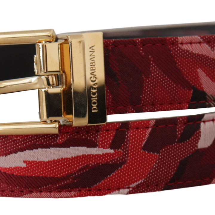 Dolce & Gabbana Red Jacquard Rose Leather Gold Metal Buckle Belt